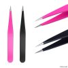 Tweezers - 2 Sets - Slant/Pointed/Flat - High Precision - Pluck Eyebrows, Apply Fake Eyelashes, Remove Facial/Body/Ingrown Hair - Essential Beauty & Personal Care Tool - Pink and Black - Image 3